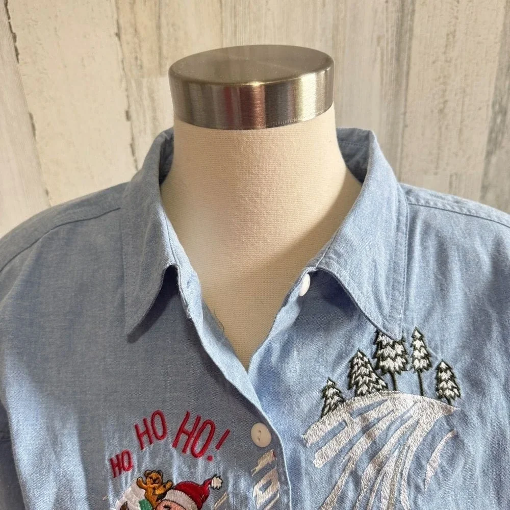 Vintage Santa Button-Up Shirt 18W HO‎ HO HO on shoulder Christmas